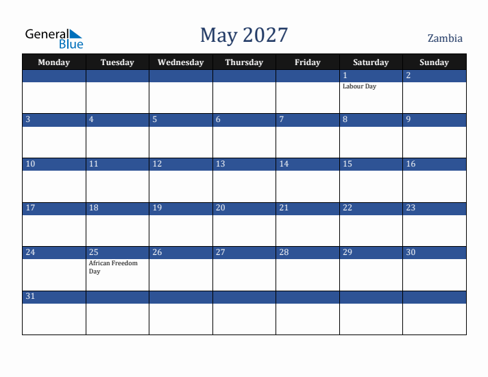 May 2027 Zambia Calendar (Monday Start)
