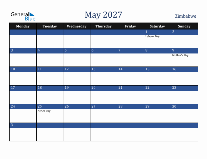 May 2027 Zimbabwe Calendar (Monday Start)