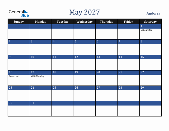 May 2027 Andorra Calendar (Sunday Start)