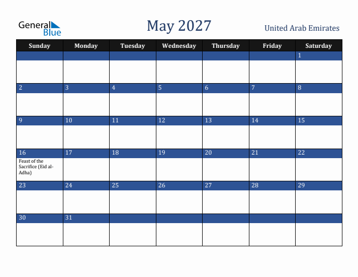 May 2027 United Arab Emirates Calendar (Sunday Start)
