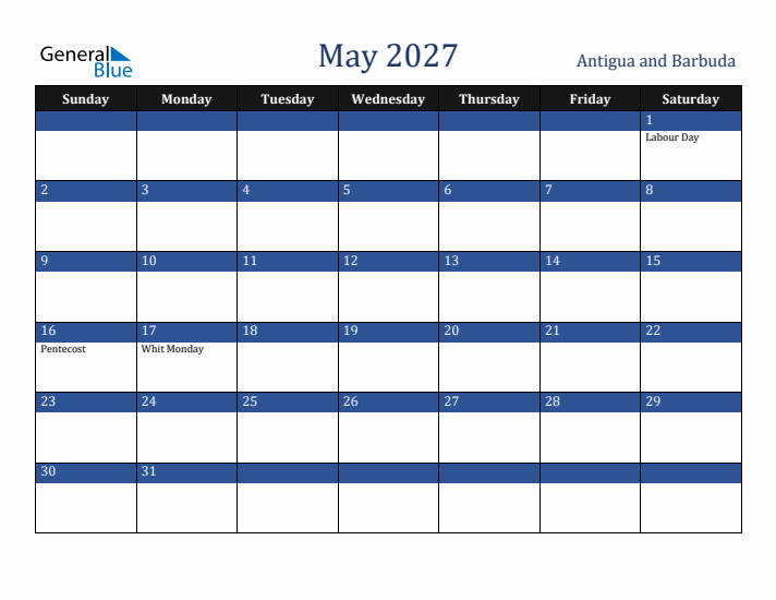 May 2027 Antigua and Barbuda Calendar (Sunday Start)