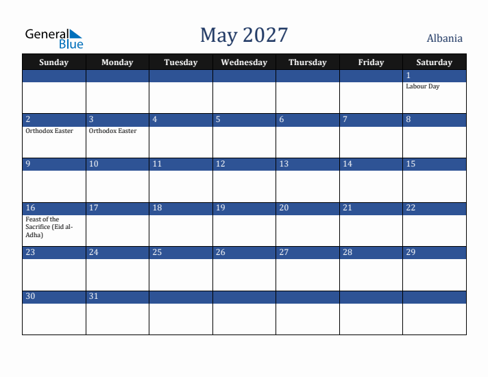 May 2027 Albania Calendar (Sunday Start)