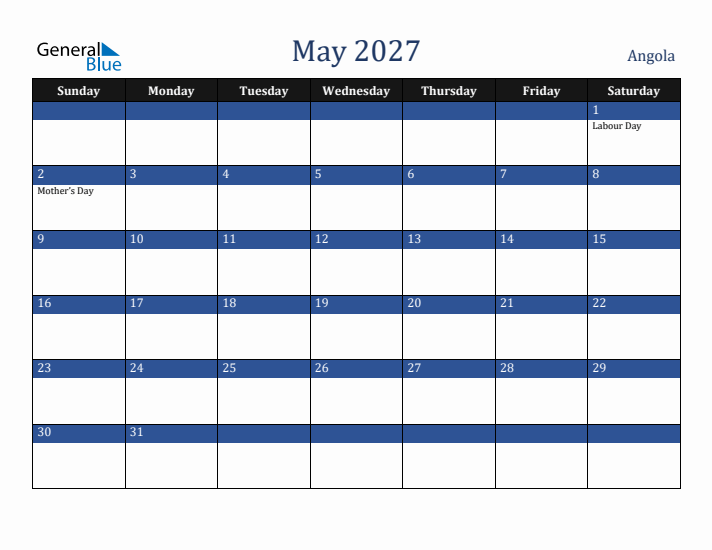May 2027 Angola Calendar (Sunday Start)