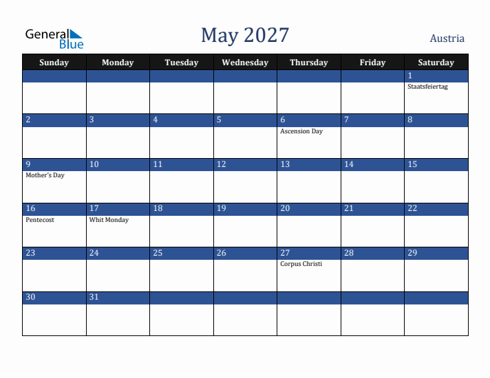 May 2027 Austria Calendar (Sunday Start)