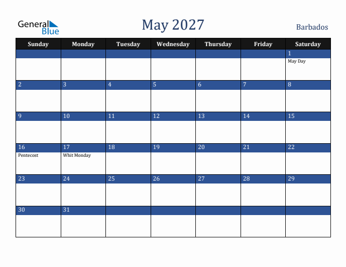 May 2027 Barbados Calendar (Sunday Start)