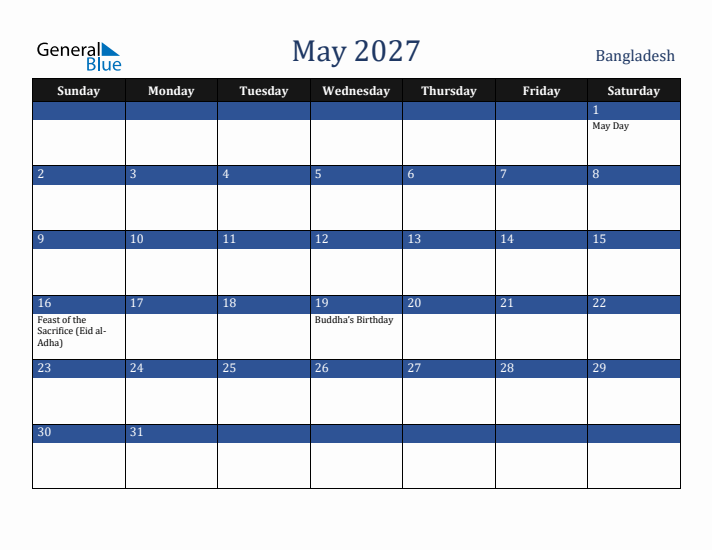 May 2027 Bangladesh Calendar (Sunday Start)