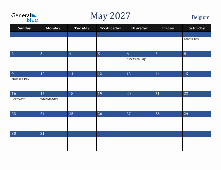 May 2027 Belgium Calendar (Sunday Start)
