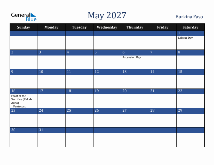 May 2027 Burkina Faso Calendar (Sunday Start)