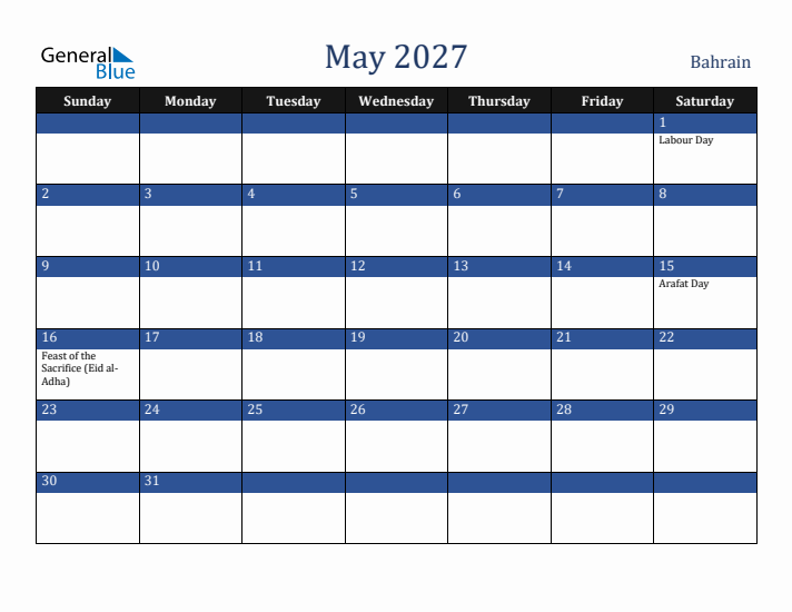 May 2027 Bahrain Calendar (Sunday Start)