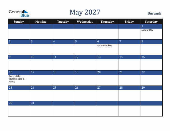May 2027 Burundi Calendar (Sunday Start)