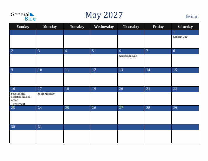 May 2027 Benin Calendar (Sunday Start)