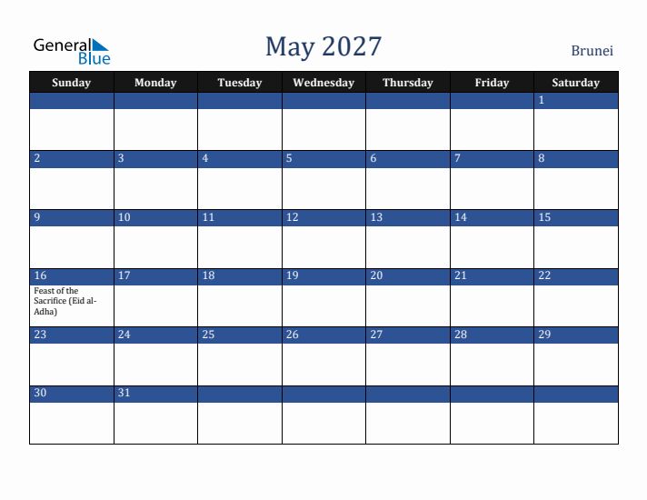 May 2027 Brunei Calendar (Sunday Start)