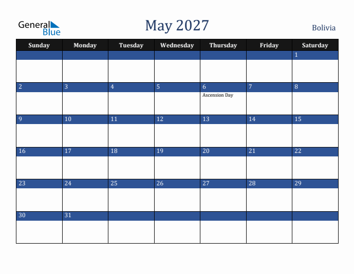 May 2027 Bolivia Calendar (Sunday Start)
