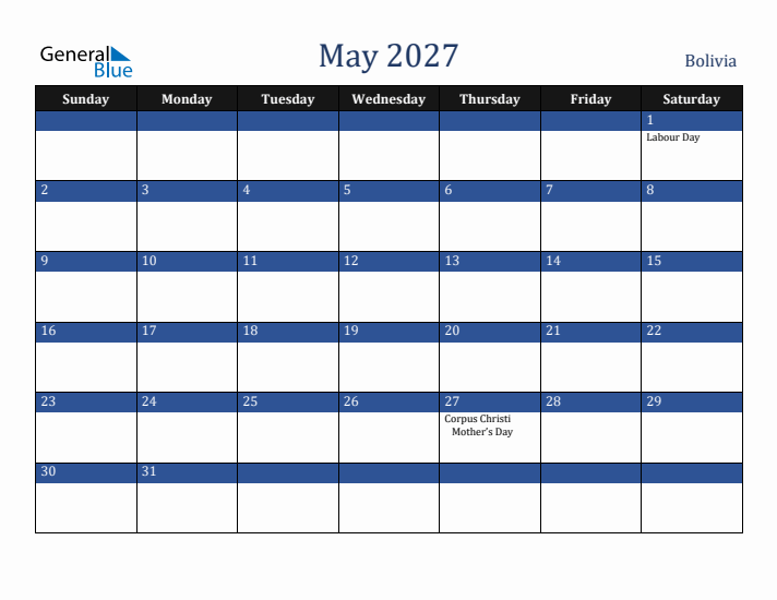 May 2027 Bolivia Calendar (Sunday Start)