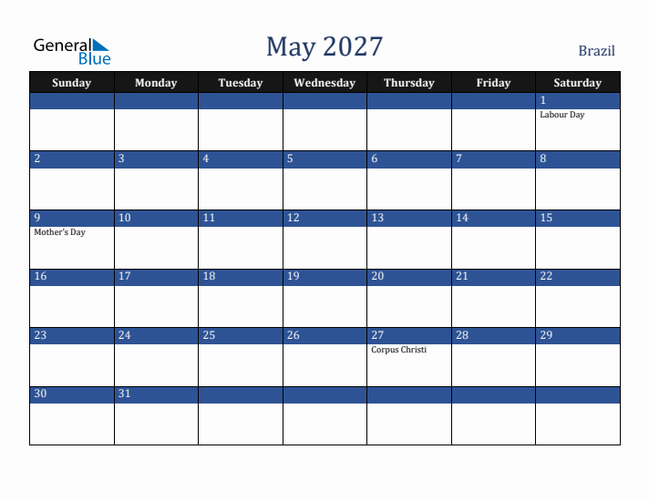 May 2027 Brazil Calendar (Sunday Start)