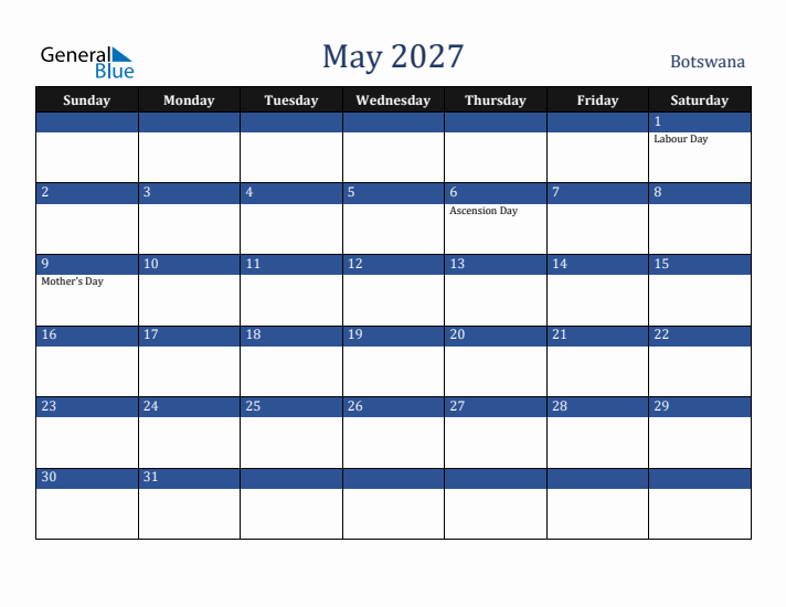 May 2027 Botswana Calendar (Sunday Start)
