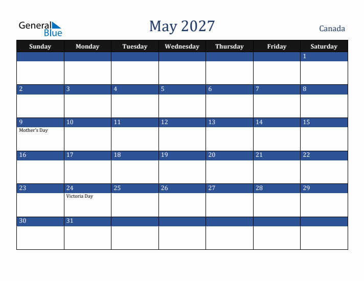 May 2027 Canada Calendar (Sunday Start)