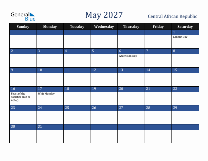 May 2027 Central African Republic Calendar (Sunday Start)
