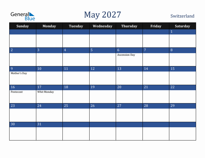 May 2027 Switzerland Calendar (Sunday Start)