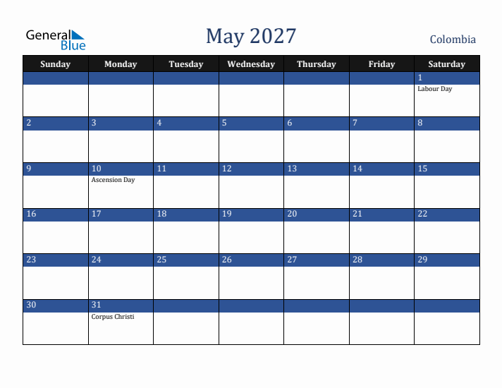 May 2027 Colombia Calendar (Sunday Start)