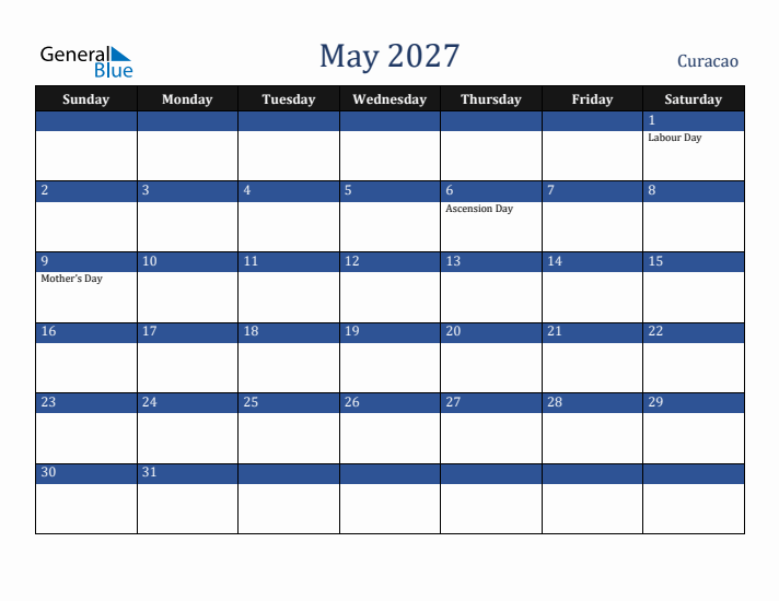 May 2027 Curacao Calendar (Sunday Start)