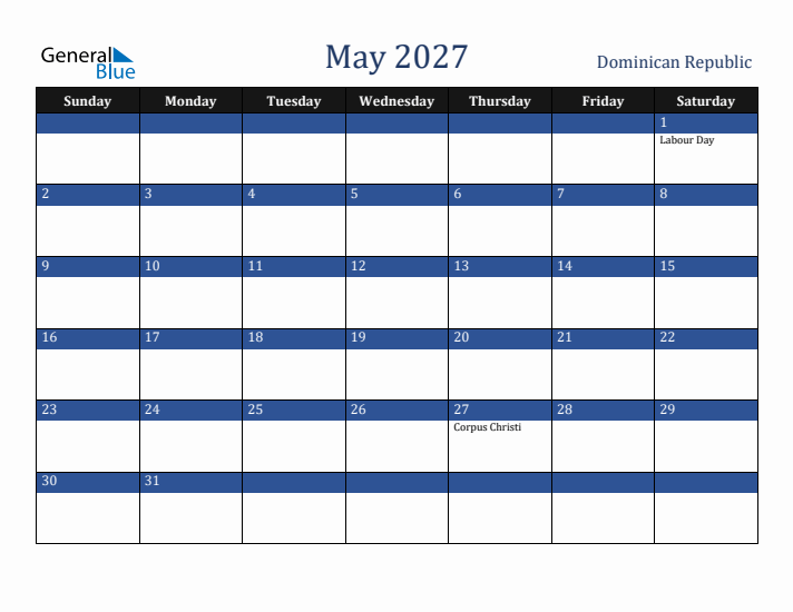 May 2027 Dominican Republic Calendar (Sunday Start)