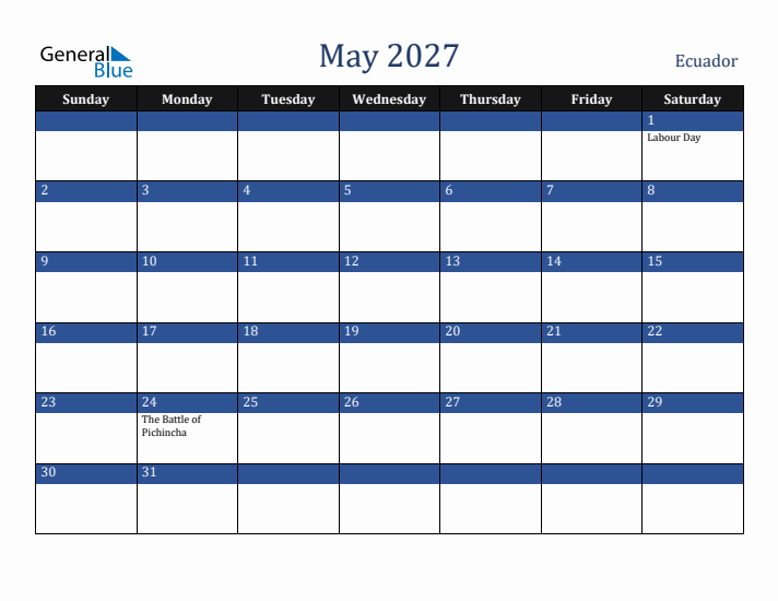 May 2027 Ecuador Calendar (Sunday Start)