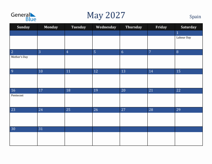 May 2027 Spain Calendar (Sunday Start)
