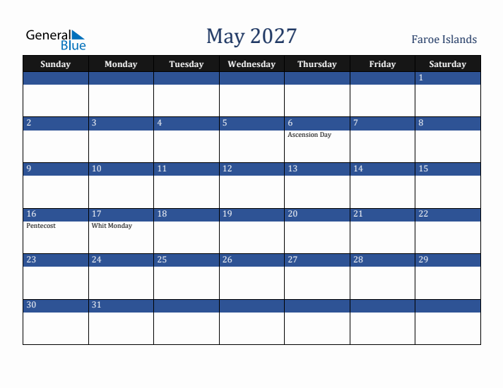 May 2027 Faroe Islands Calendar (Sunday Start)