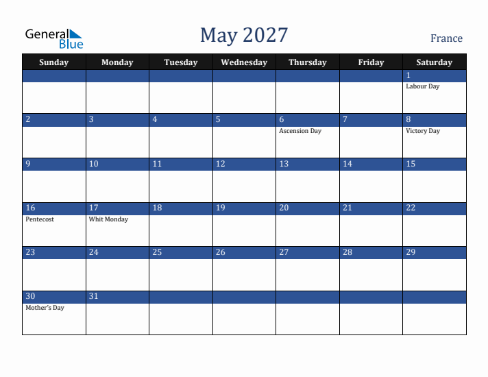 May 2027 France Calendar (Sunday Start)