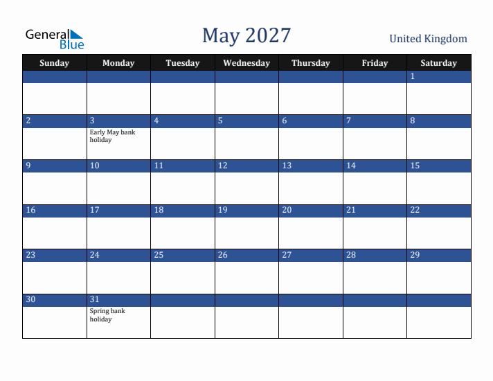 May 2027 United Kingdom Calendar (Sunday Start)