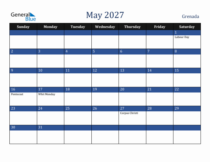 May 2027 Grenada Calendar (Sunday Start)