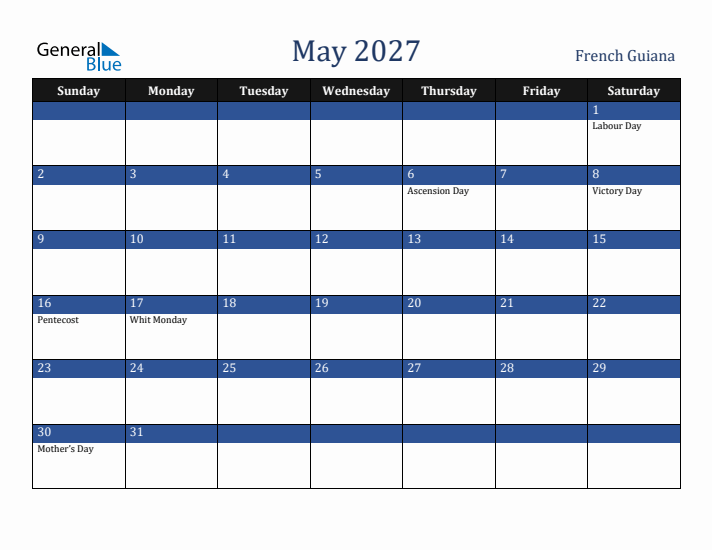 May 2027 French Guiana Calendar (Sunday Start)