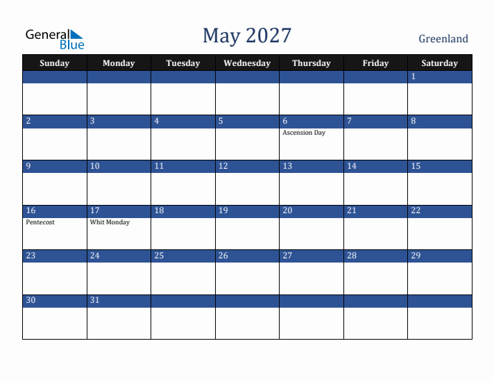May 2027 Greenland Calendar (Sunday Start)