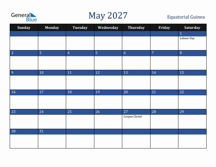 May 2027 Equatorial Guinea Calendar (Sunday Start)