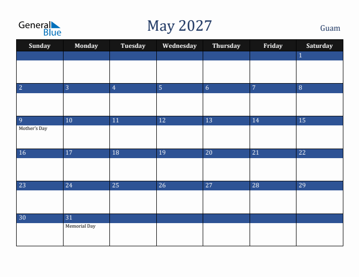 May 2027 Guam Calendar (Sunday Start)