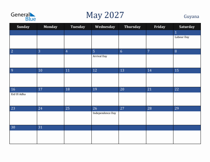 May 2027 Guyana Calendar (Sunday Start)