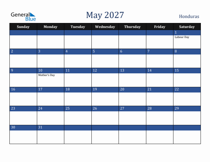 May 2027 Honduras Calendar (Sunday Start)