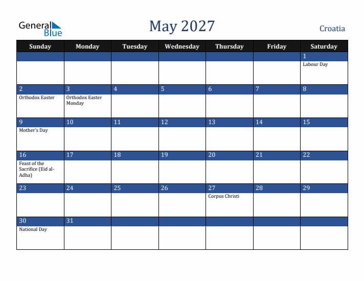 May 2027 Croatia Calendar (Sunday Start)