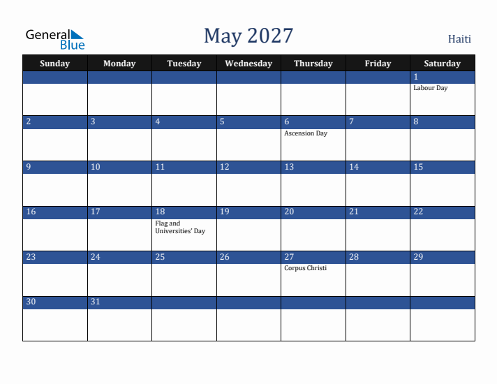 May 2027 Haiti Calendar (Sunday Start)