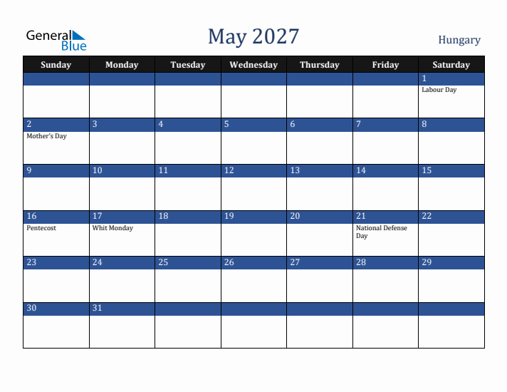 May 2027 Hungary Calendar (Sunday Start)