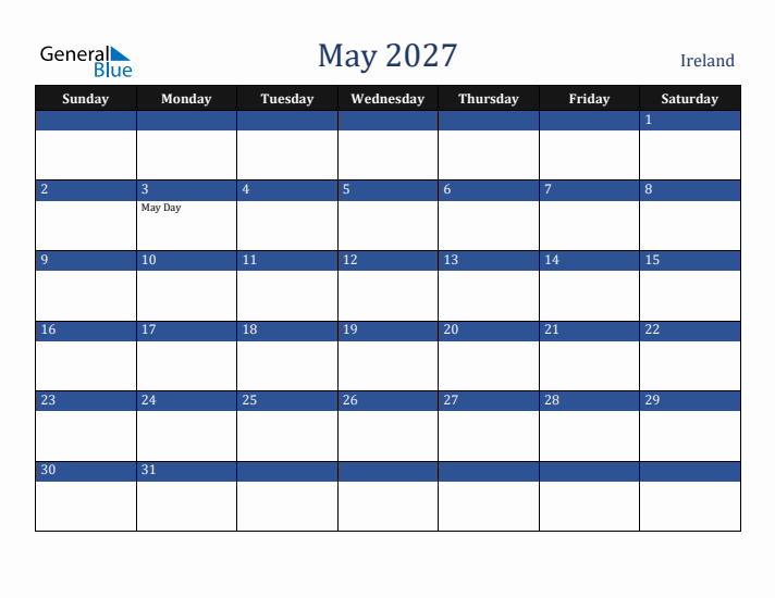 May 2027 Ireland Calendar (Sunday Start)