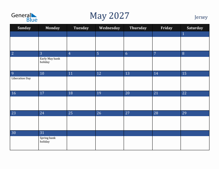 May 2027 Jersey Calendar (Sunday Start)