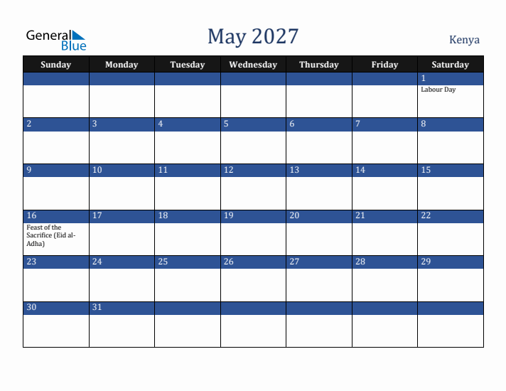 May 2027 Kenya Calendar (Sunday Start)