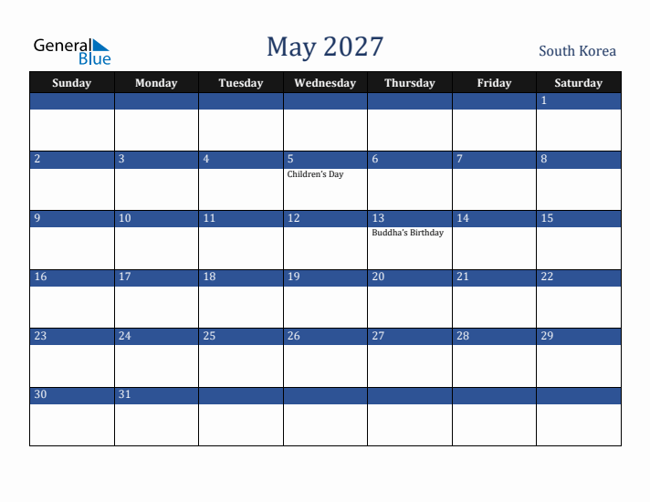 May 2027 South Korea Calendar (Sunday Start)