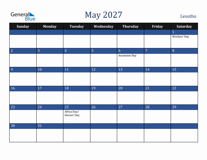 May 2027 Lesotho Calendar (Sunday Start)