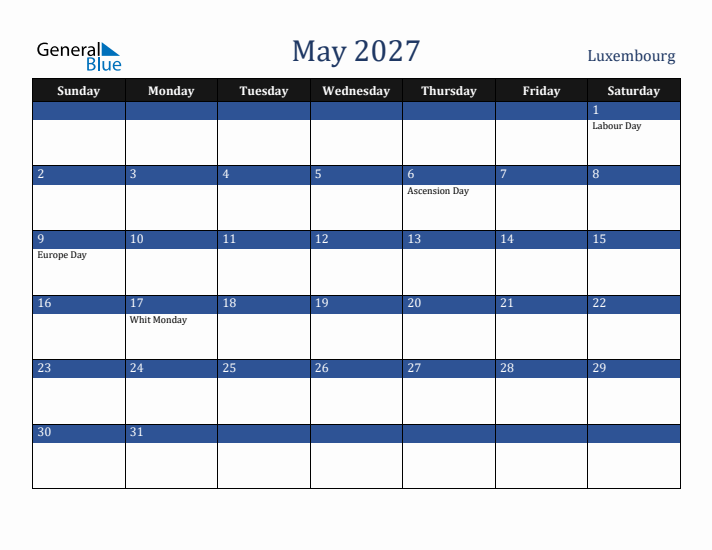 May 2027 Luxembourg Calendar (Sunday Start)