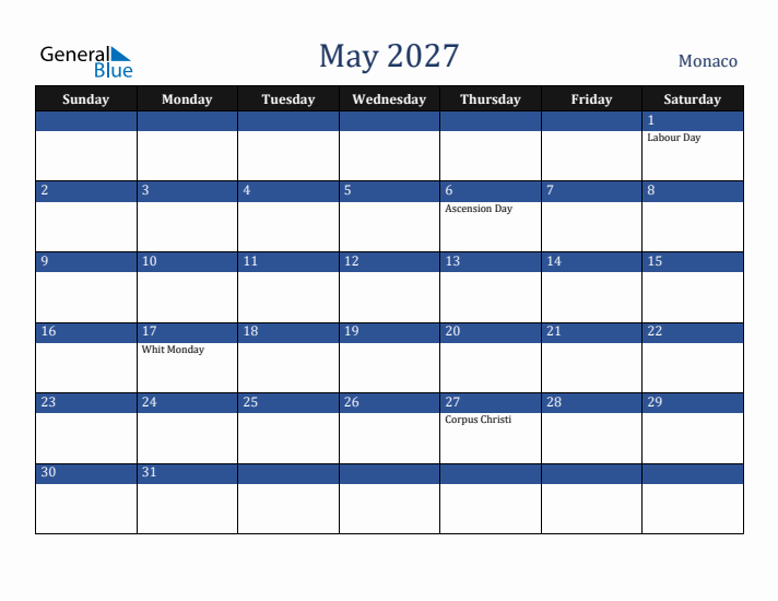 May 2027 Monaco Calendar (Sunday Start)
