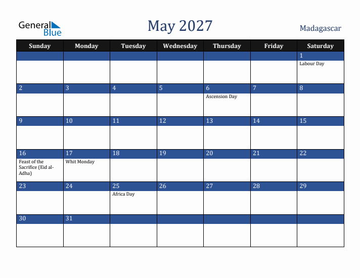May 2027 Madagascar Calendar (Sunday Start)