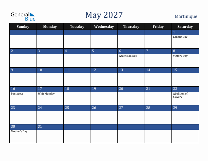 May 2027 Martinique Calendar (Sunday Start)